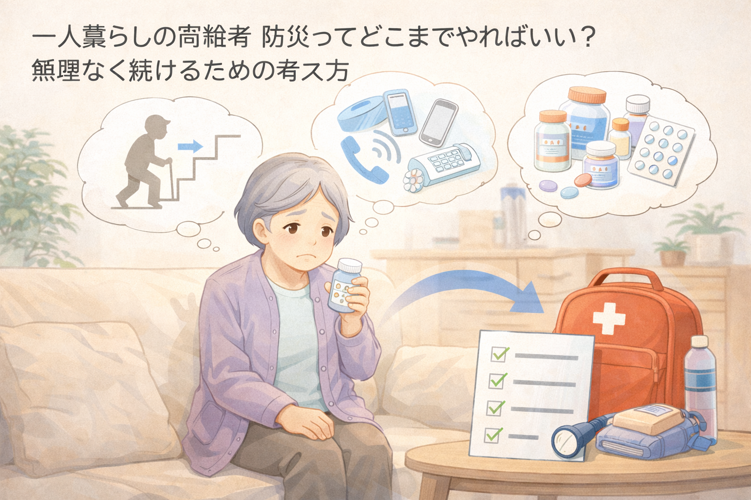 一人暮らしの高齢者が、薬や連絡手段、防災グッズについて不安を感じながら防災の準備を考えているイメージ