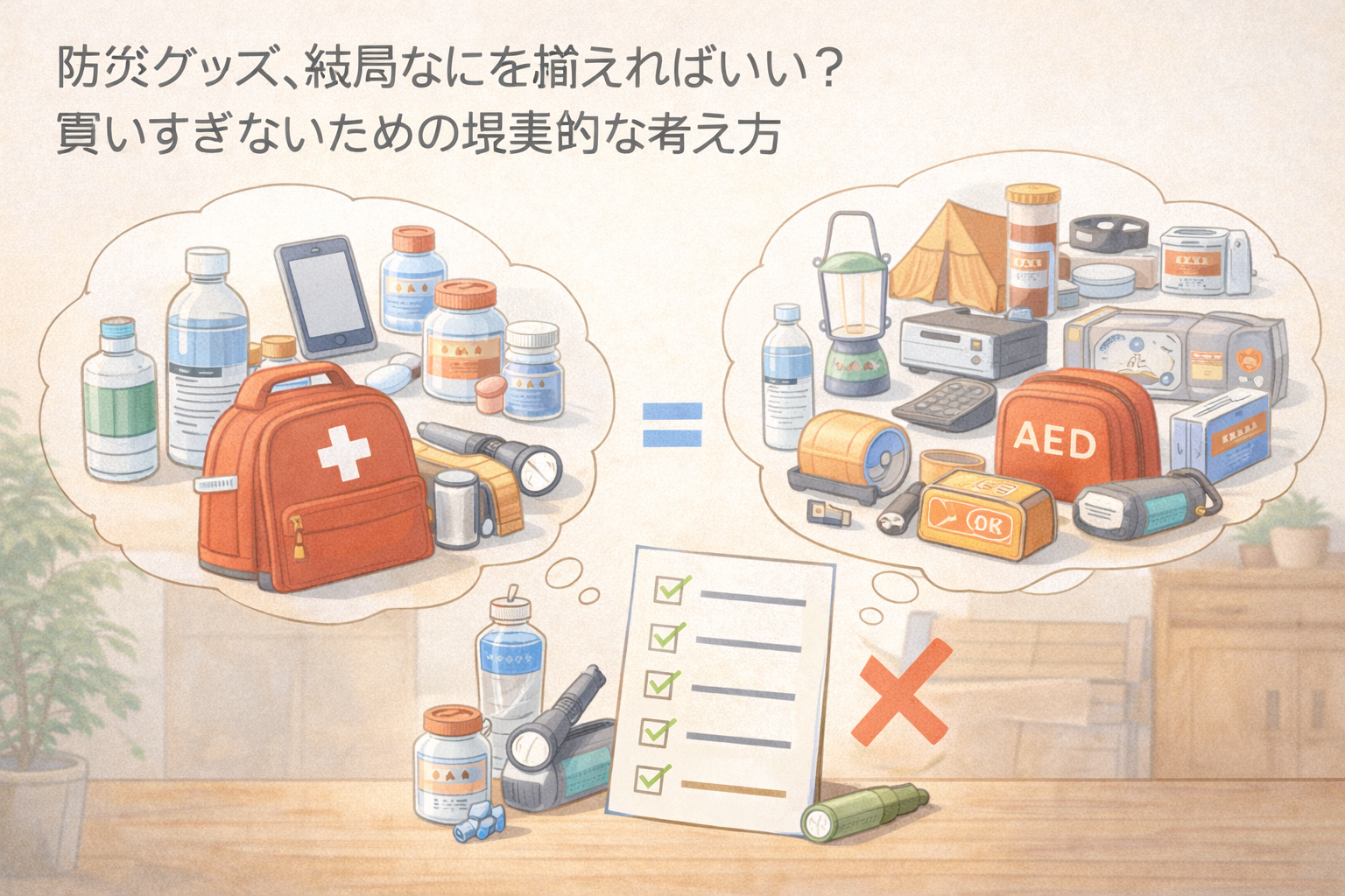 防災グッズを前に、本当に必要な物と買いすぎてしまいがちな物を見比べながら、現実的な備えを考えているイメージ