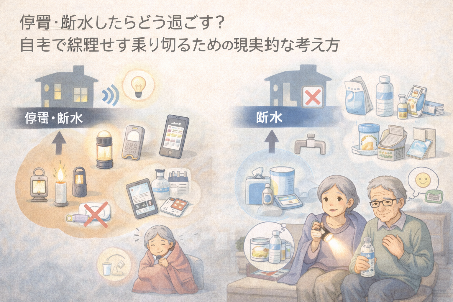停電や断水が起きた自宅で、高齢の夫婦が懐中電灯や飲み水を使いながら、落ち着いて過ごし方を考えている防災イメージ
