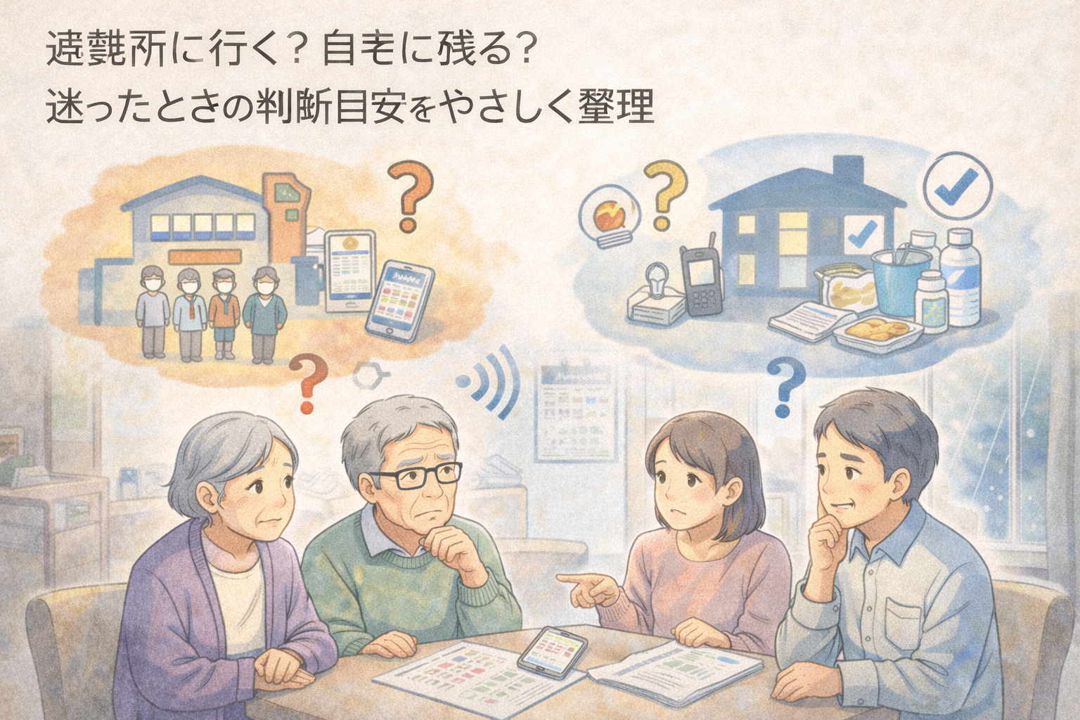 災害時に避難所へ行くか自宅に残るかを迷いながら、家族で話し合い、状況を整理して判断しようとしている防災イメージ