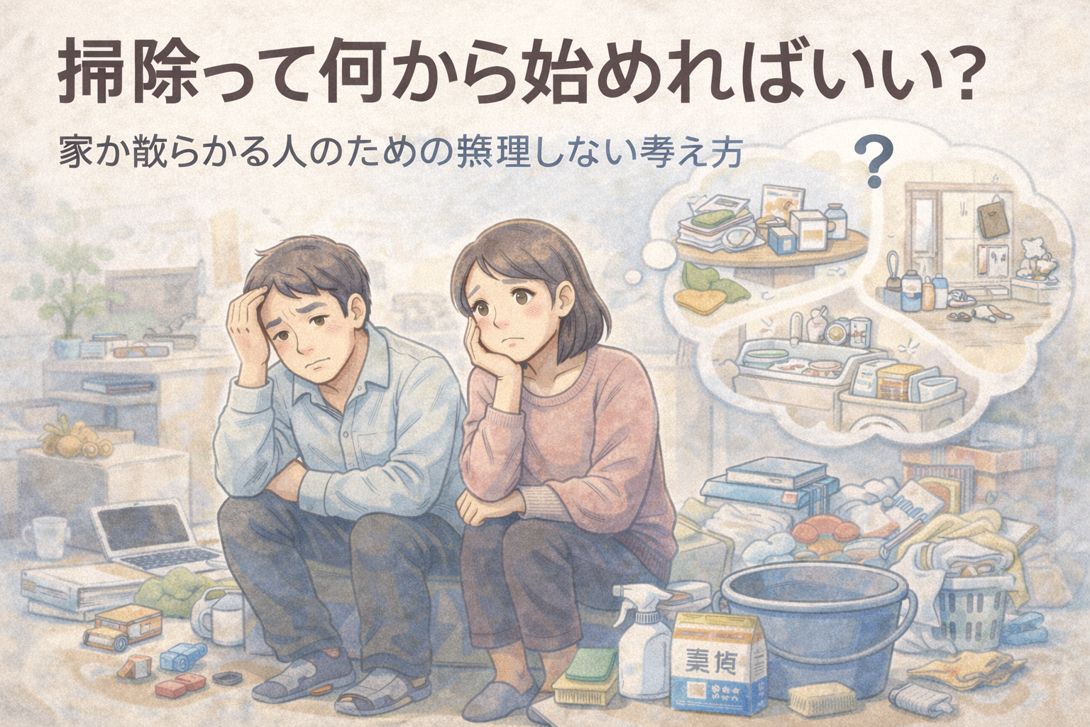 散らかった部屋を前に、掃除をどこから始めればいいのか分からず悩んでいる夫婦が、無理しない掃除のやり方を考えているイメージ
