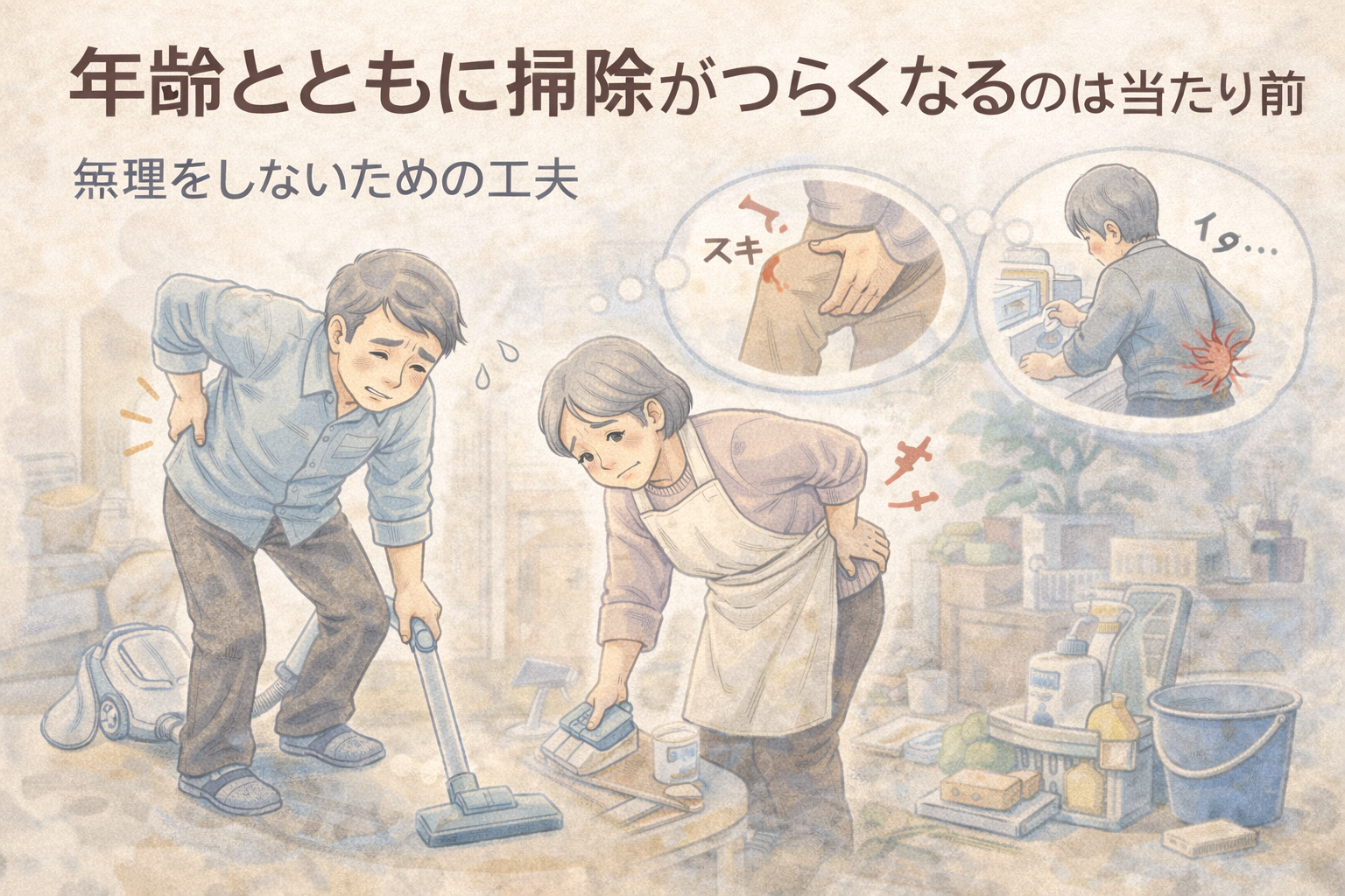 年齢とともに腰やひざの負担を感じながら掃除をしている高齢の夫婦が、無理をしない掃除の工夫を考えている様子を描いたイラスト