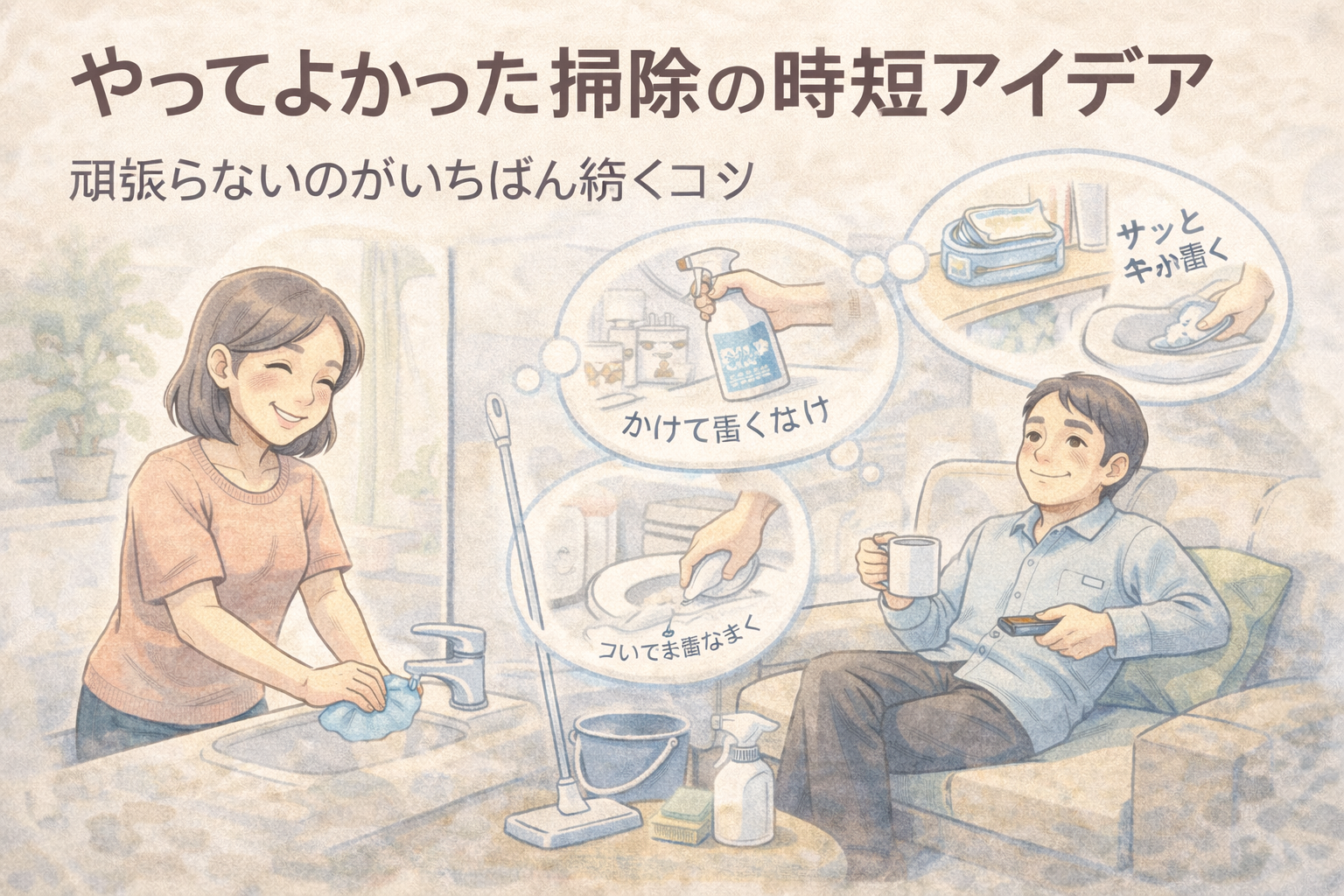 無理をせず掃除を時短する工夫として、ついで掃除やこすらない方法を取り入れながら、家の中で穏やかに過ごしている夫婦の様子を描いたイラスト