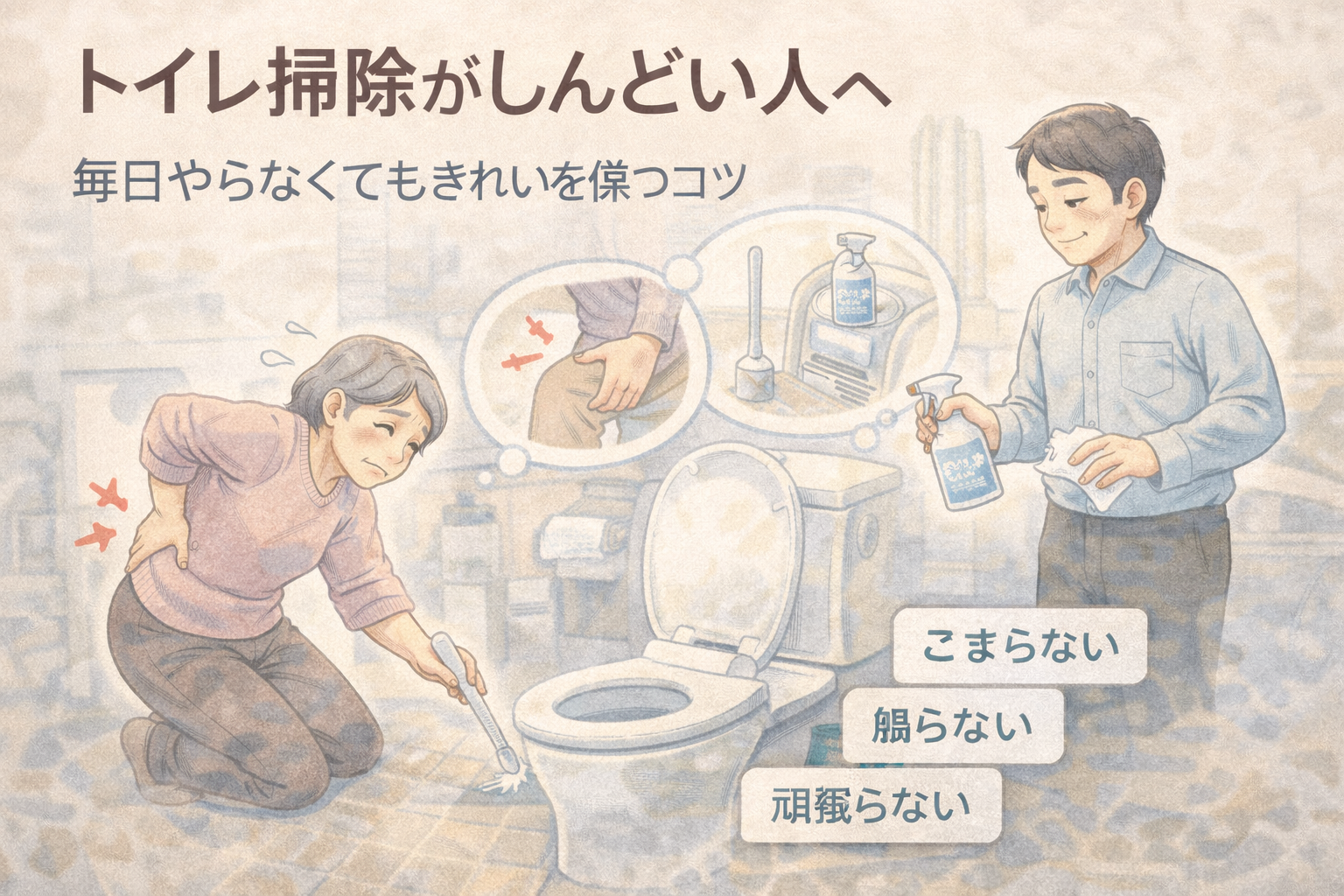トイレ掃除がつらく感じる高齢の女性と、こすらず簡単に掃除できる方法を実践している男性の様子を通して、無理をしないトイレ掃除の考え方を伝えるイラスト