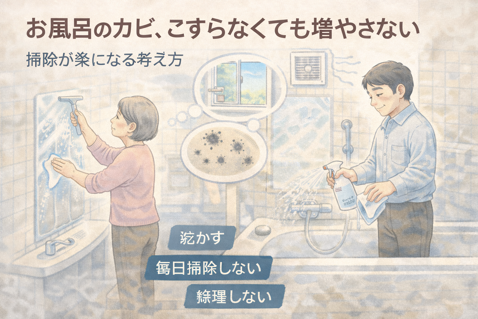 お風呂の壁や床をこすらず、換気や水切りを意識しながらカビを増やさない工夫をしている高齢の夫婦の様子を描いたイラスト