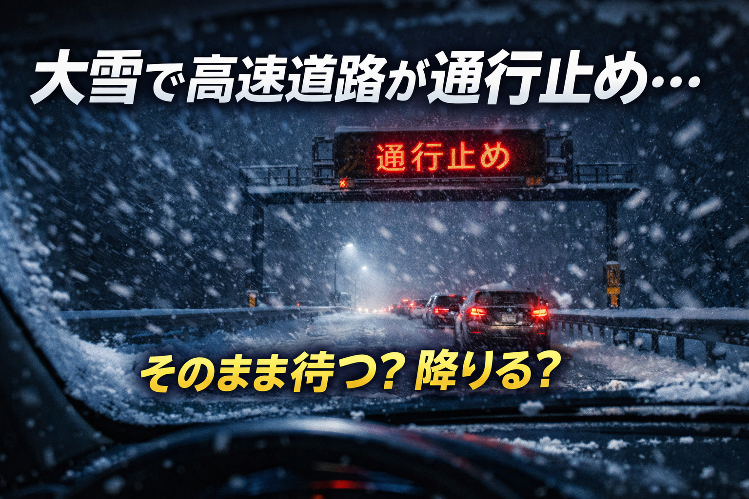 大雪で通行止めとなった夜の高速道路と赤く光る電光掲示板の様子