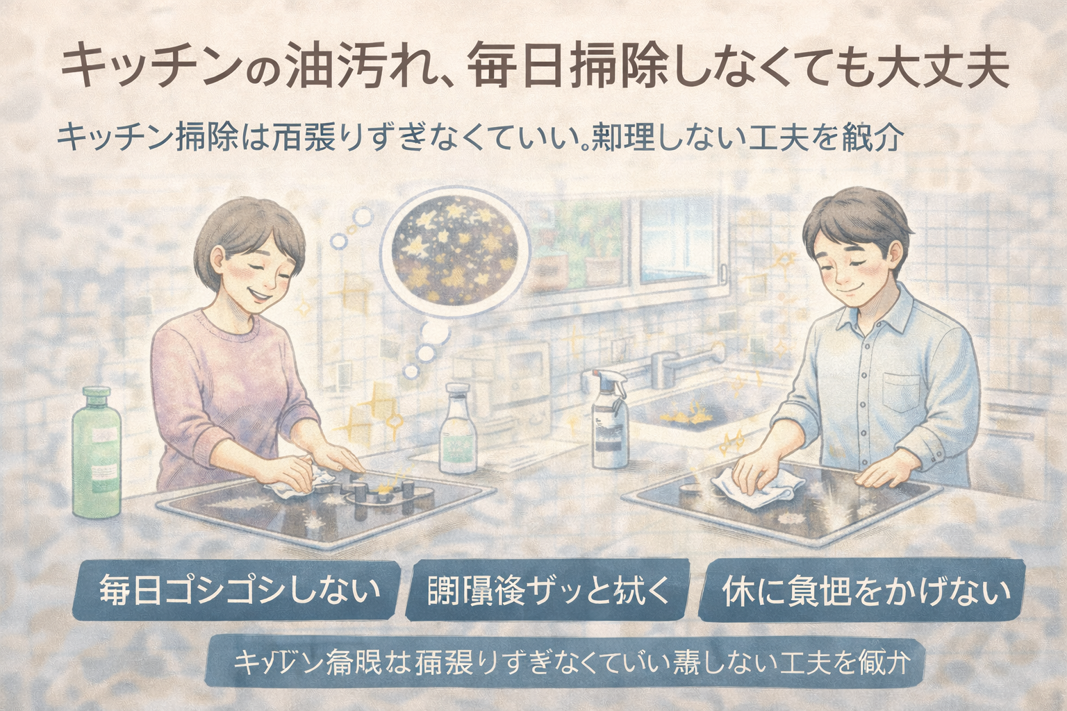 キッチンの油汚れを毎日ゴシゴシ掃除せず、調理後にサッと拭くなど無理のない方法で清潔を保している夫婦の様子を描いたイラスト